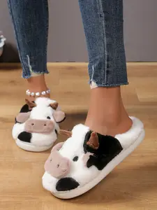 Women's New Fashion Cartoon Cow Head Indoor Outdoor Cotton Slippers, Soft Slippers, Plush Home Shoes, Winter Casual Warm Household Footwear
