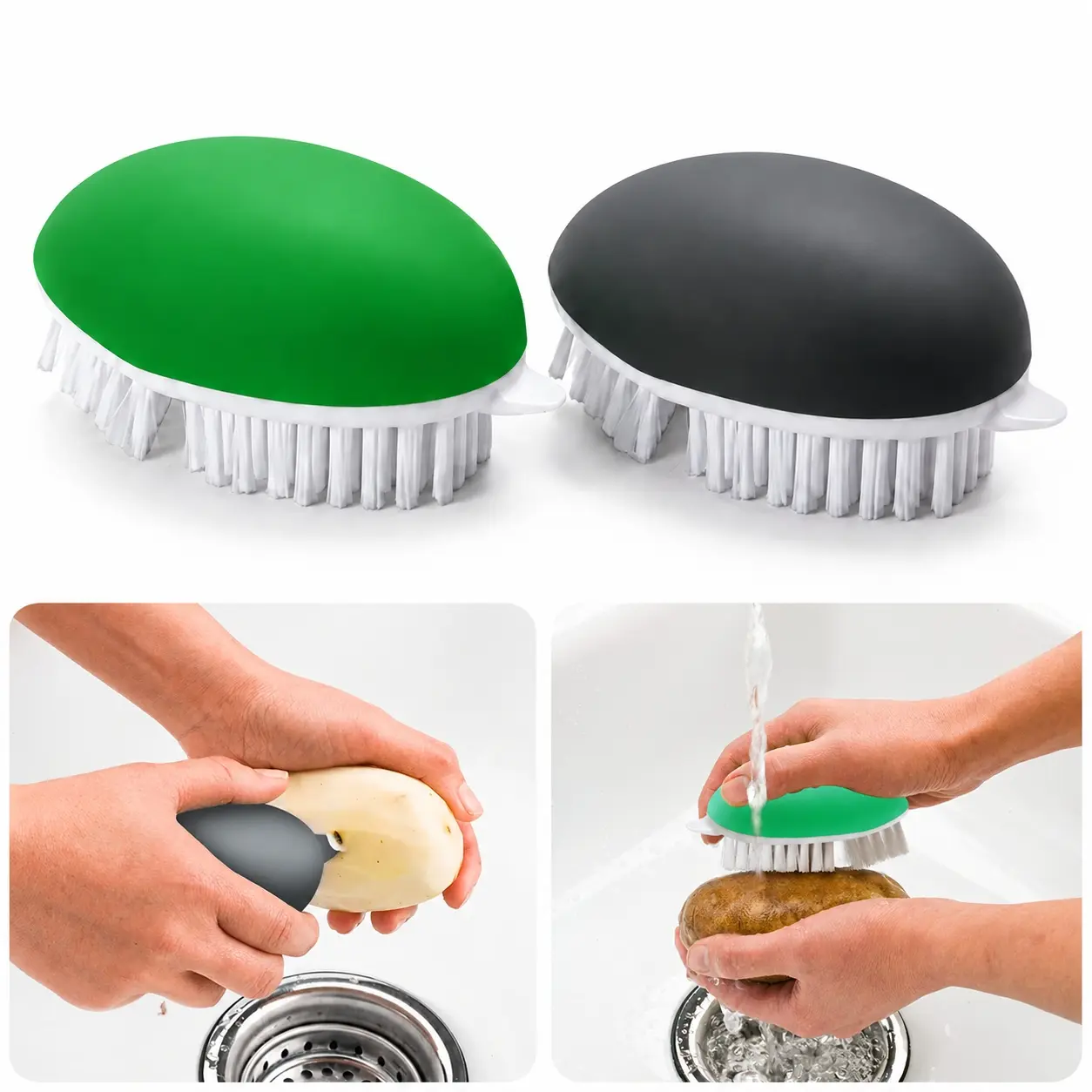 2 PCS Multifunction Vegetable & Fruit Cleaning Brush Set, Non-Slip, Easy-to-Clean, Durable Food-Safe Bristles, Kitchen Utensil for Potato, Carrot, Cucumber Washing at Home
