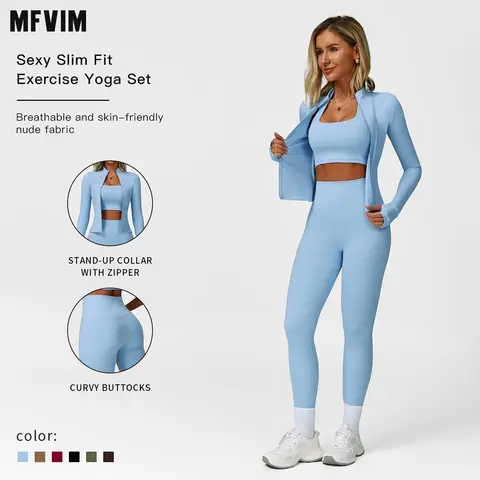MFVIM Women's 3-Pc Match Set High-Waisted Activewear - Elastic Sports Bra, Halter Top, Jacket, Training Clothes, Workout Gym Clothing, Matching Workout Sets for Gym, Travel
