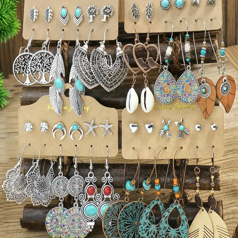 Women's Boho Turquoise-Textured Dangle and Stud Earrings Set, Retro Mixed-Design Vintage Jewelry for Parties and Daily Wear