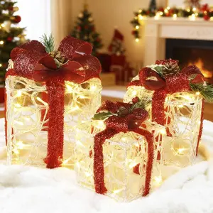 Set of 3 Lighted Gift Boxes Christmas Decorations, Clear Acrylic Present Boxes, Christmas Home Gift Box Decorations