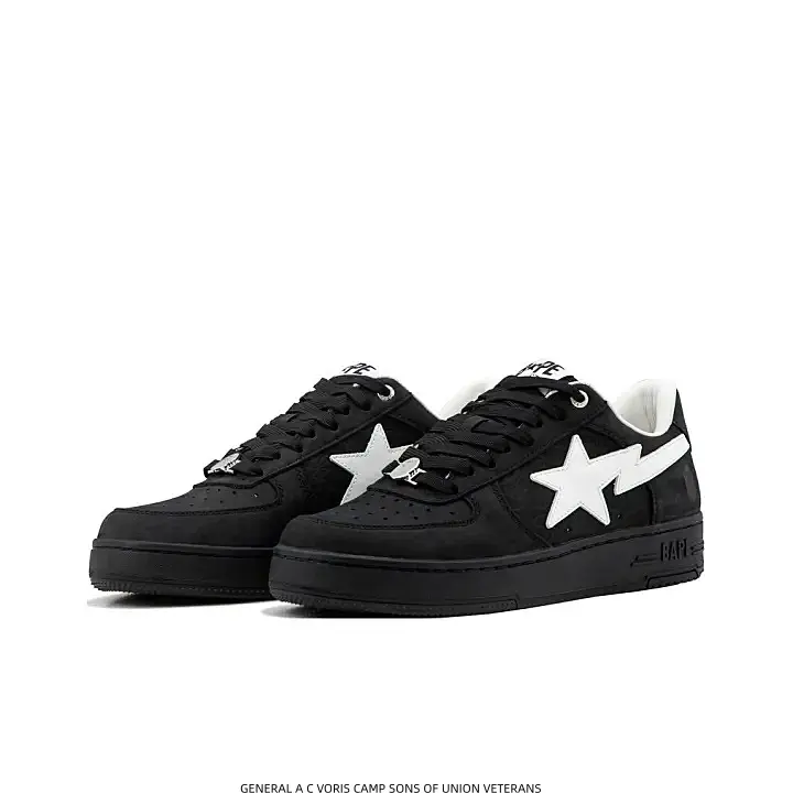 Low‑Top Casual Sneakers, Black Suede Upper, Contrast White Star‑Shaped Side Logo, Black Laces, White Inner Lining, Thick Black Midsole, Vintage Hip‑hop Street‑wear Shoes for Men Women