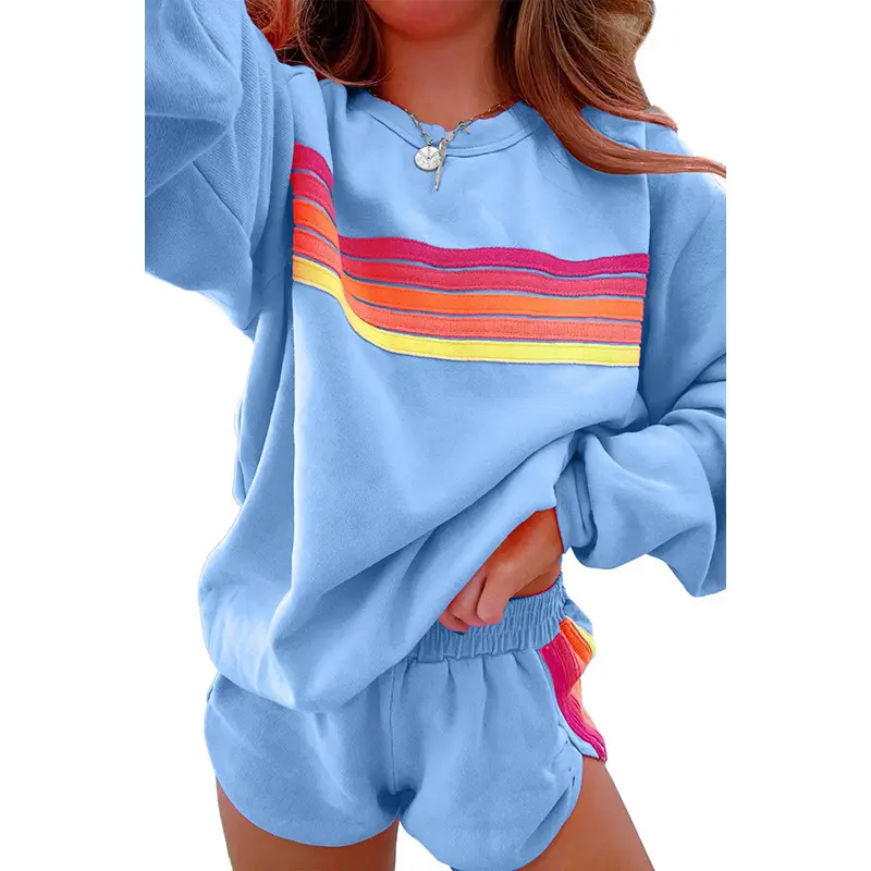 Womens 2 Piece Lounge Sets Casual Rainbow Striped Outfits Long Sleeve Sweatshirt Matching Shorts Set Sweatsuit