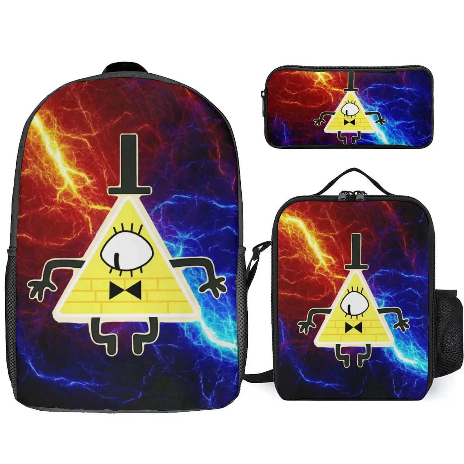 Gravity Falls Bill Cipher Basic 3-Piece 3-in-1 Polyester Nylon School Backpack Set - Breathable, Comfortable, Printed Patterns, Chic Synthetic Zip Lunch Bag, Pencil Case (8.7in(L)x1.77in(W)x4.7in(H)), High-Capacity for Friends, Going Out, Back to School