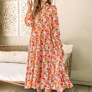 Multicolor Boho Floral Collared Long Sleeve Ruffled Dress