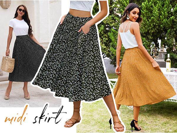 Zeagoo Women's Midi Skirts High Waisted Pleated A-Line Swing Skirts Summer Floral Long Skirts with Pockets