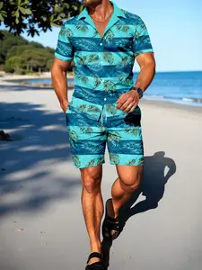 Summer Beach Vacation Shirt Shorts Set, Casual Slim-Fitting All over Print, with Collar and Button, No Zipper, Perfect for Holiday Style