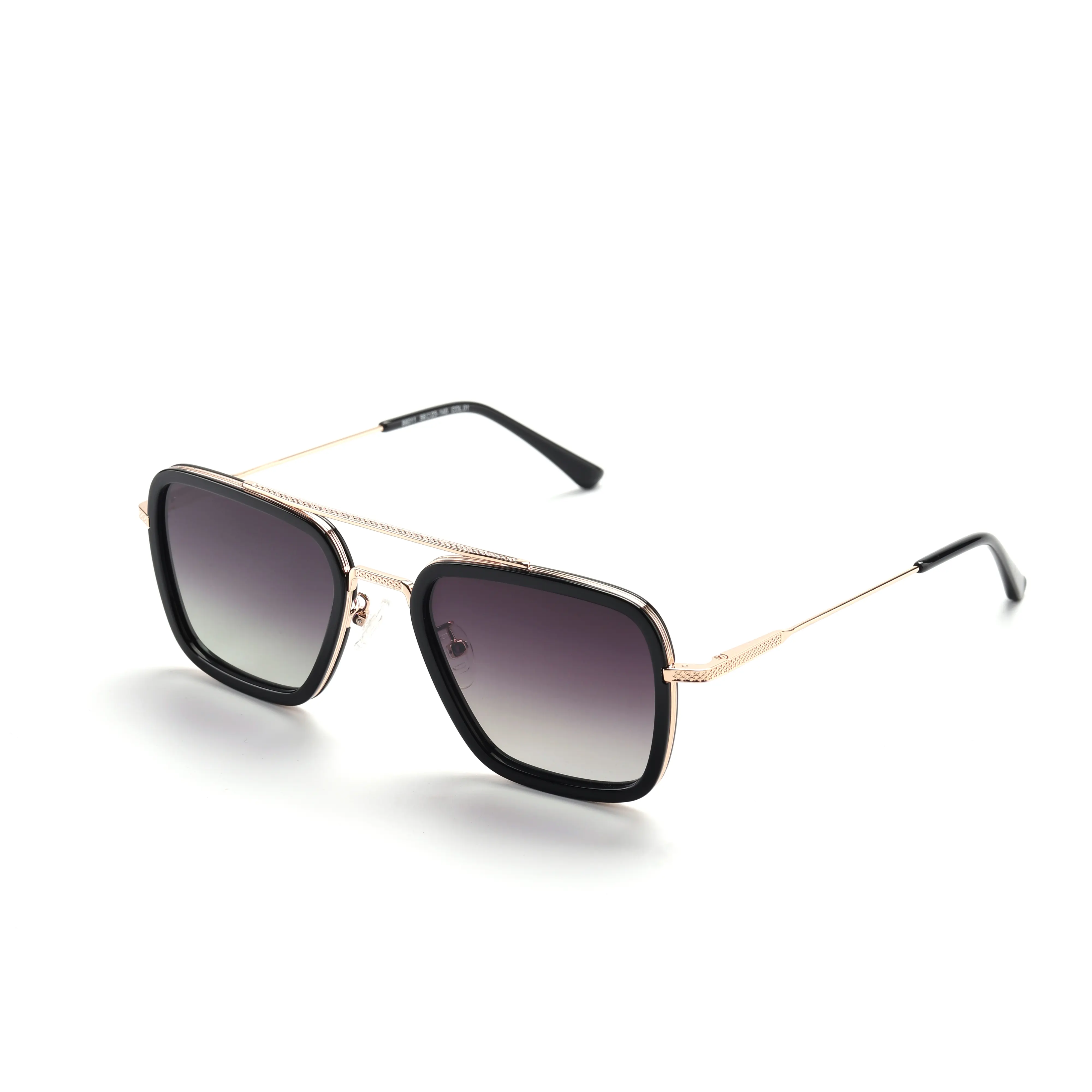 Male Tony Stark Inspired Square Aviator Sunglasses - Premium Metal-Acetate Full Rim Statement Frame Glasses, Gradient Polarized UV400 Polycarbonate (PC) Lenses, Anti-Ultraviolet, Retro Large Angular, Aviation-Themed, Black-Rimmed Alloy Eyewear, Polarised