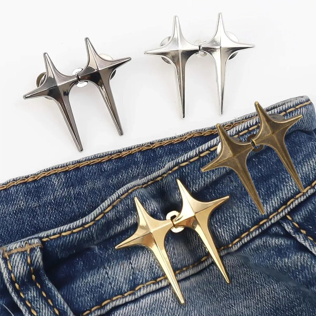 8 Sets Star-Shape Adjustable Pant Waist Tighteners - No Sew, No Tools Required, Removable Metal Button Decoration, Sewing Accessories for Jeans & Skirts, Detachable Decorative Waist Buckles