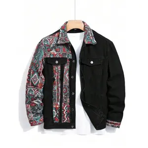 Men'sEthnicPatternEmbroideryDenimJacket,LooseCasualLongSleeveButtonFrontOuterwearforSpring&Fall,FashionMen'sClothesforDailyWear,Cotton,Menswear,Coats,CasualStyleOuterwear,WorkwearJackets