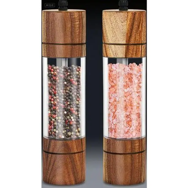 8 Inch Adjustable Salt and Pepper Mill Set - Manual Wooden Grinders with Ceramic Core - Premium Acrylic Shakers for Kitchen - 2 Pack Reusable Spice Mills - Natural Acacia Wood Design