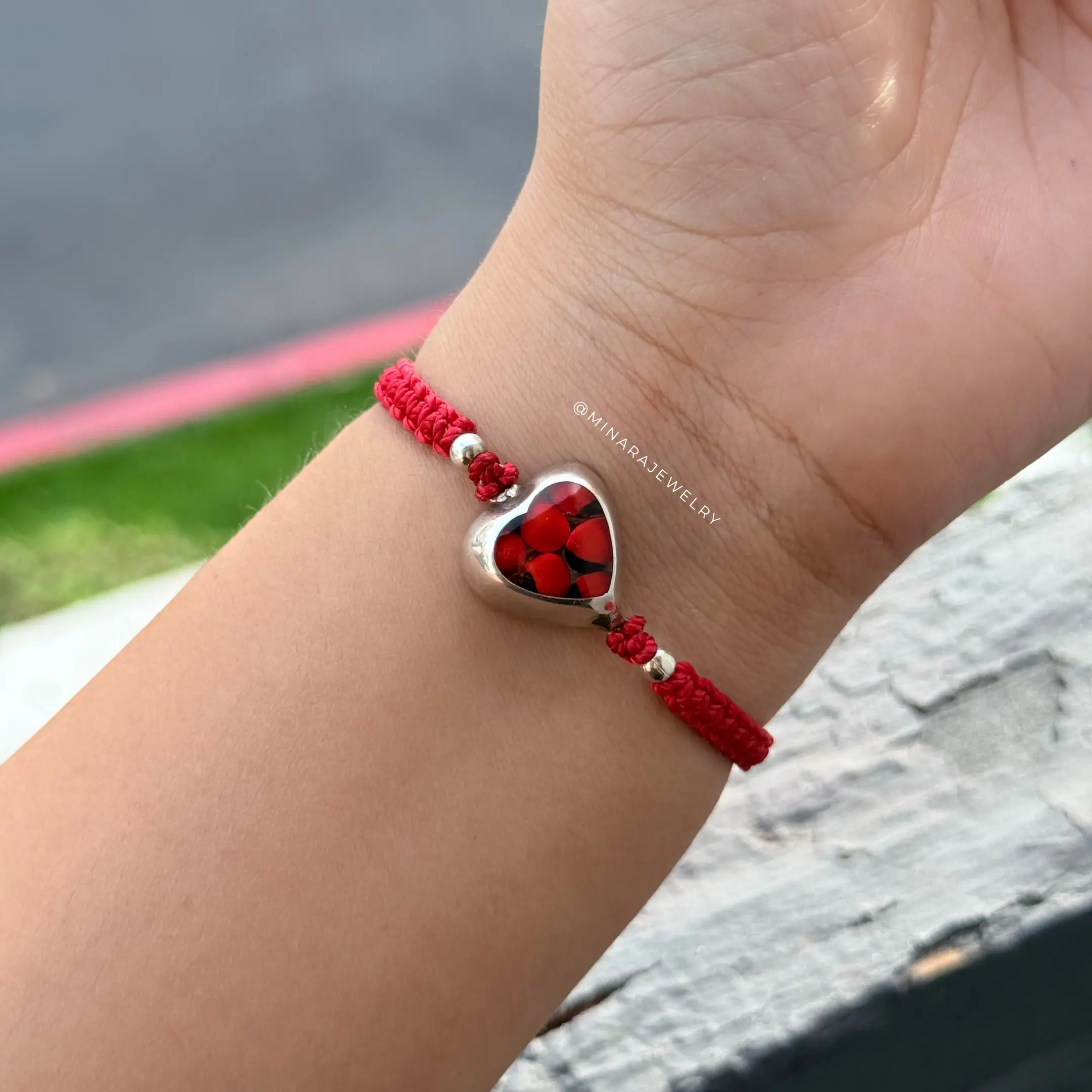 950 Silver Adjustable Red Thread Bracelet with Heart & Natural Huayruro Seed 6'' to 8''