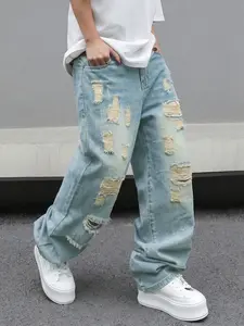 2026 American High Street Jeans for Men, Summer Fashion Slim-Fit Ripped Pants, Loose Design Straight Leg Long Trousers