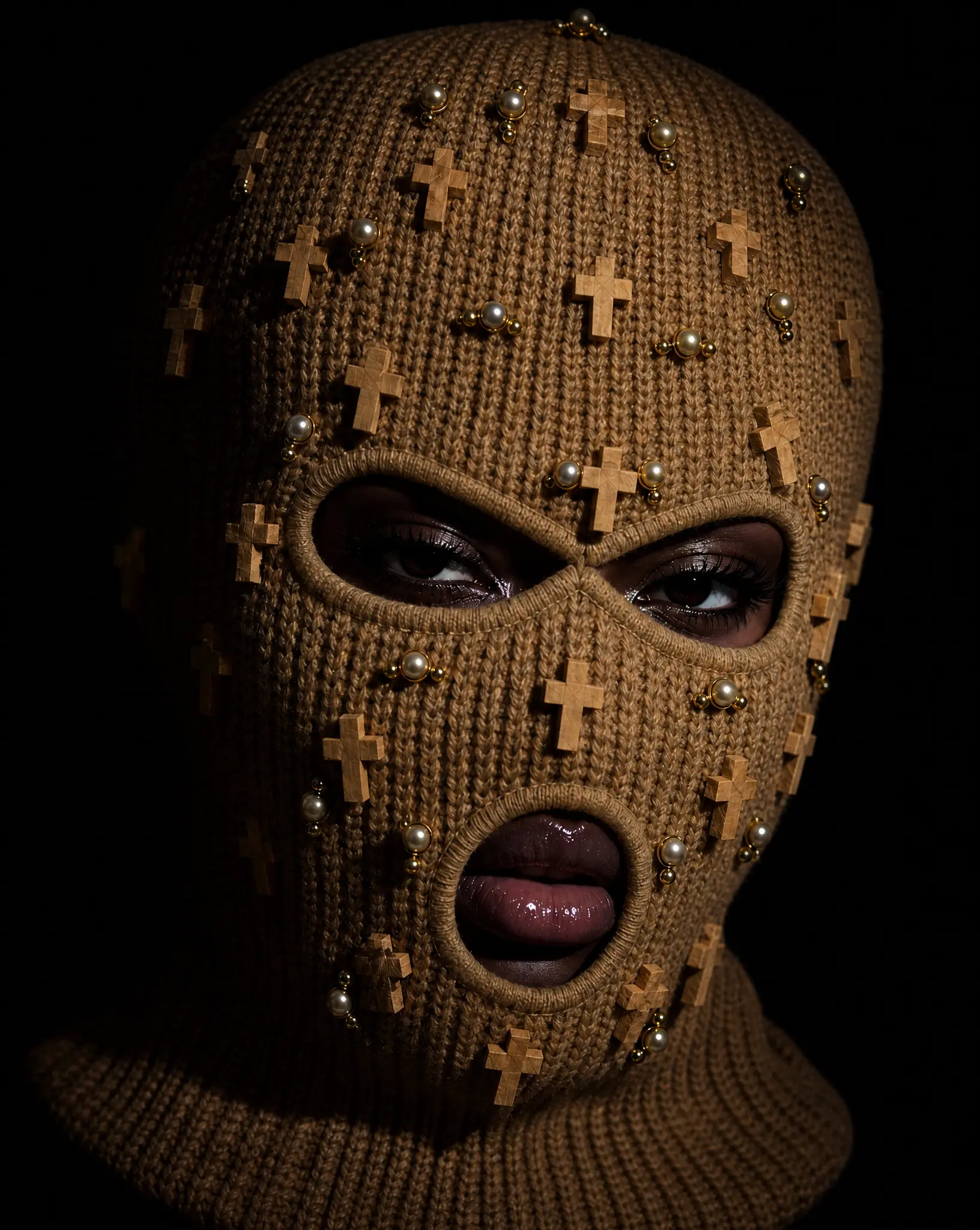 Tan Cross and gold beaded Ski Mask/Balaclava
