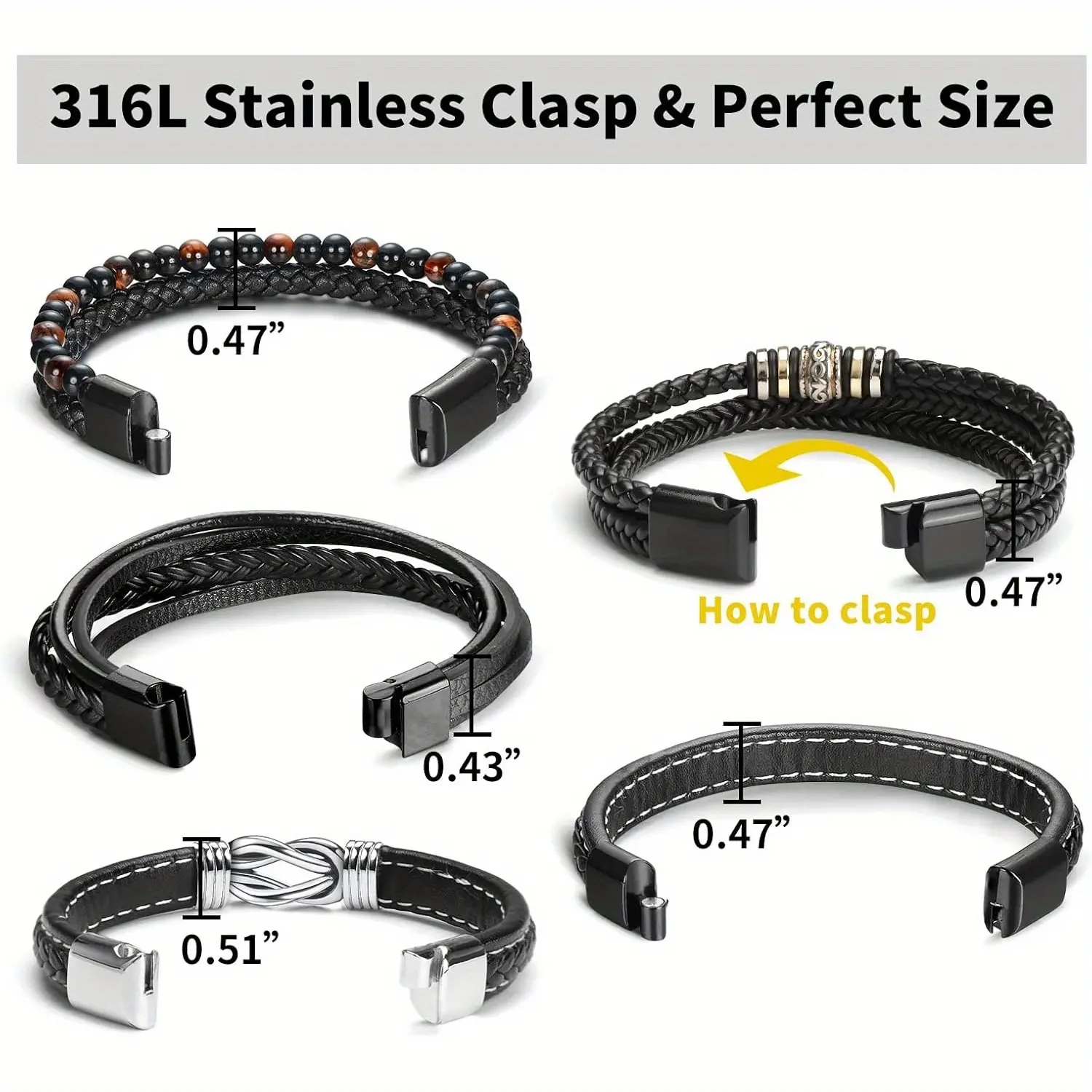 Men'S Black Leather Bracelet, Set Of 5 Men'S Bracelet, Leather and Steel Braided Cuff Bracelet