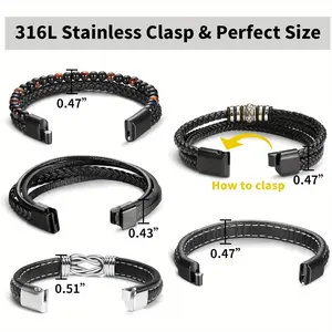 Men'S Black Leather Bracelet, Set Of 5 Men'S Bracelet, Leather and Steel Braided Cuff Bracelet