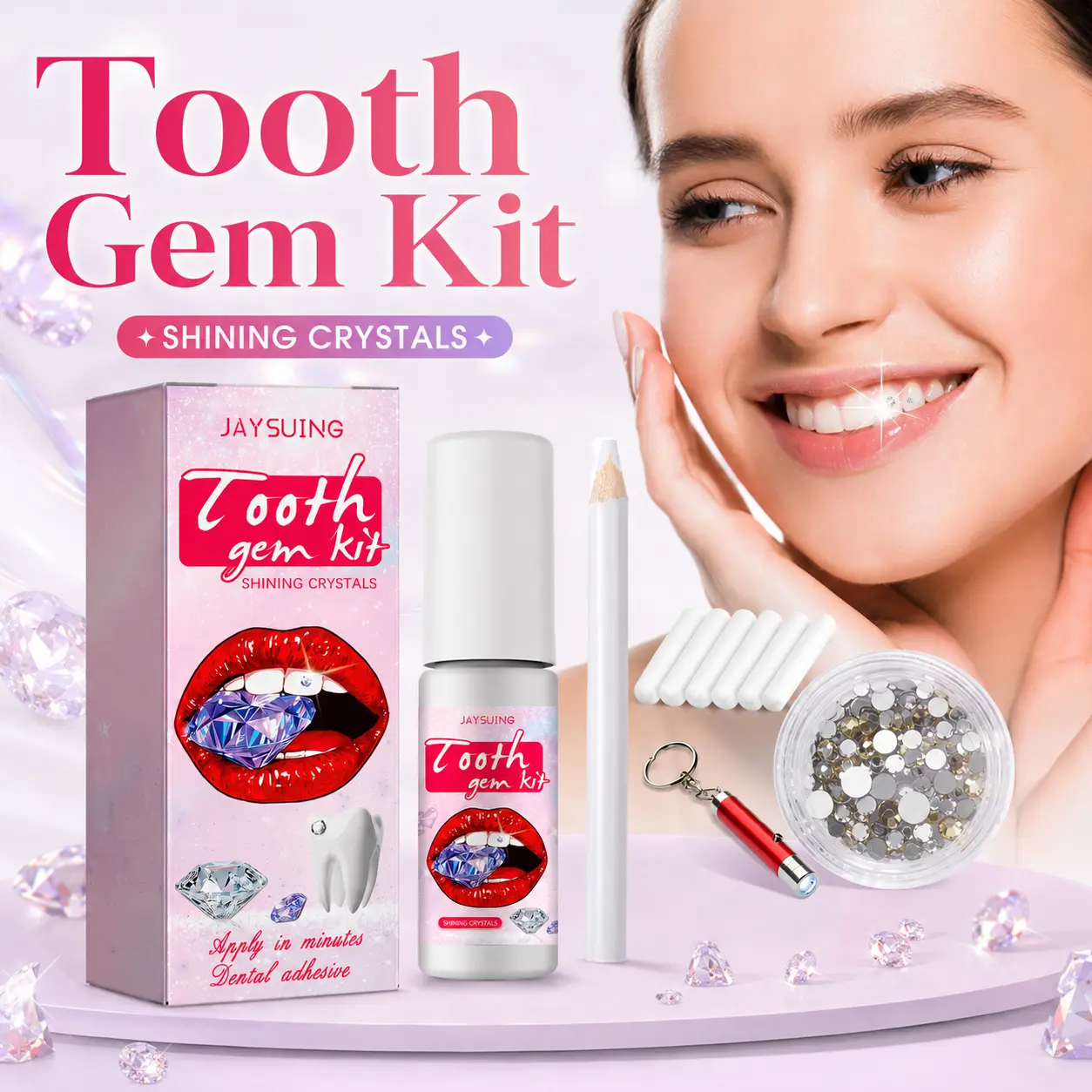 Tooth Gem Kit with UV Light for a Dazzling Sparkle, Beginner-Friendly At-Home Set with Shining Crystals & UV Glue, Non-Toxic & Paraben Free