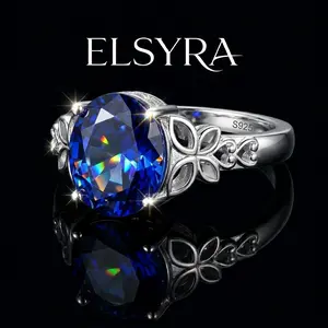 S925 Sterling Silver Oval Blue Sapphire Ring Floral Filigree Engagement Promise Ring for Women, Vintage Butterfly Blue Gem Ring for Women, Butterfly Accent Oval Art Deco Engagement Wedding Ring Round Simulated Cubic Zirconia