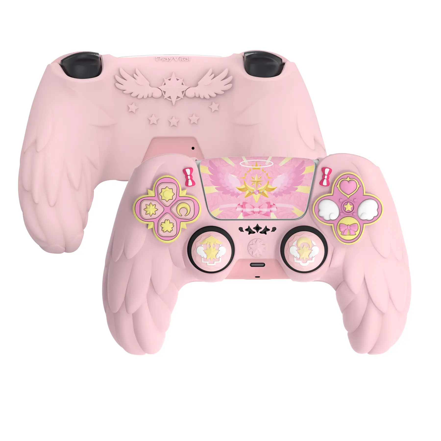 PlayVital Protective Silicone Cover Skin for ps5 Controller – Anti-Slip Grip Protector Case for ps5 Controller with Thumbstick Caps &  Stickers, Charging Station Compatible - Magic Wings friend Gift