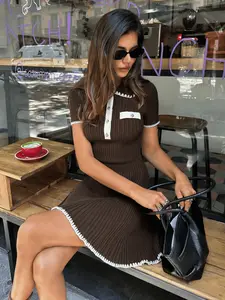 Women's Colorblock Trimmed Polo Dress, Spring Fall Old Money Style Short Sleeve Knit Top, Elegant Daily Wear Women's Knitted Clothing