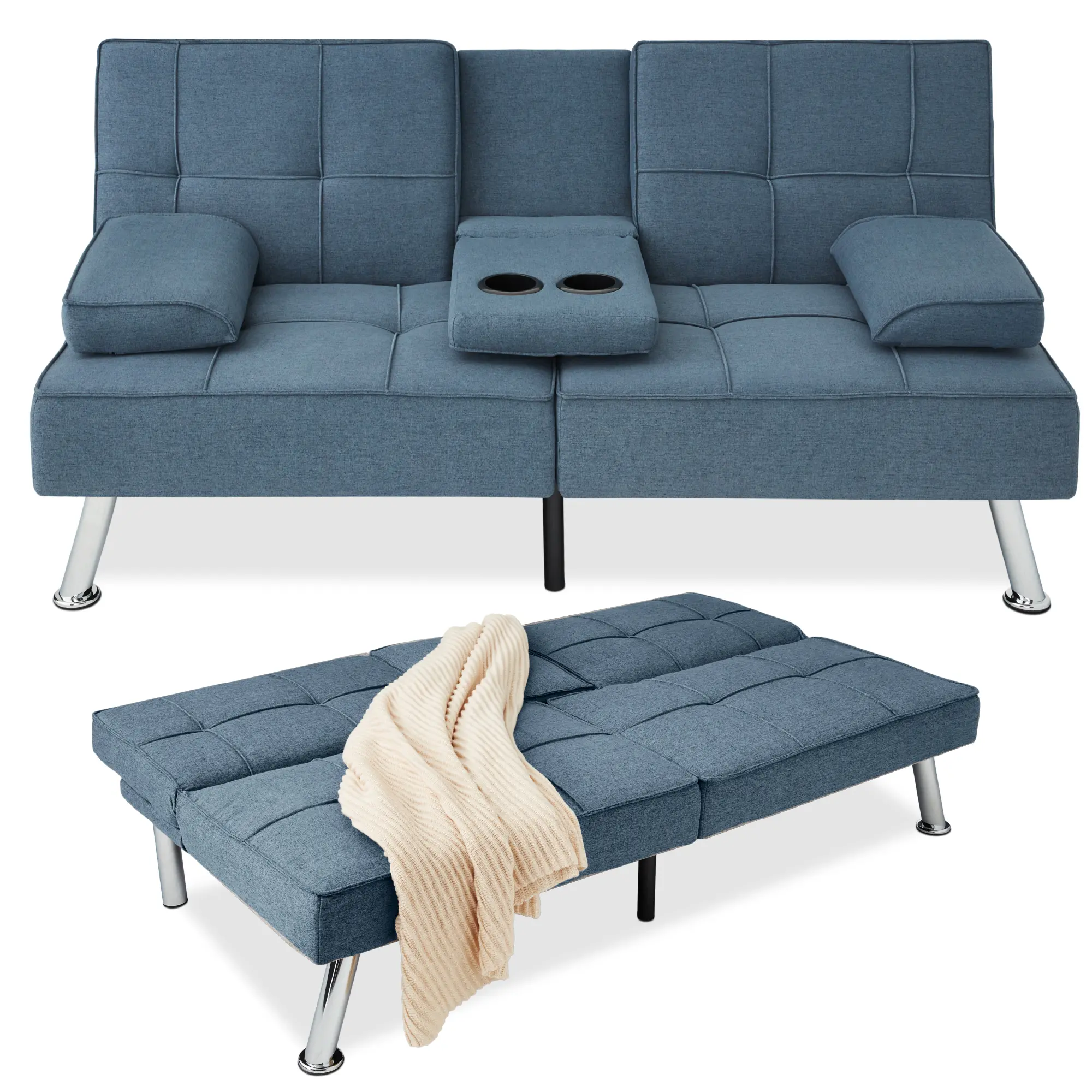 Best Choice Products Modern Linen Convertible Futon Sofa Bed w/ Removable Armrests, Metal Legs, Cupholders