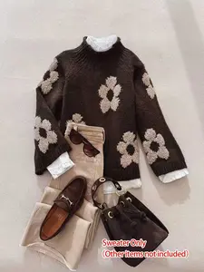 Elegant Micro High Neck Knitted Sweater Pullover, Floral Embroidery Pattern, Earth Tone, Loose Fit, Casual Style, Fall & Winter Women's Clothing