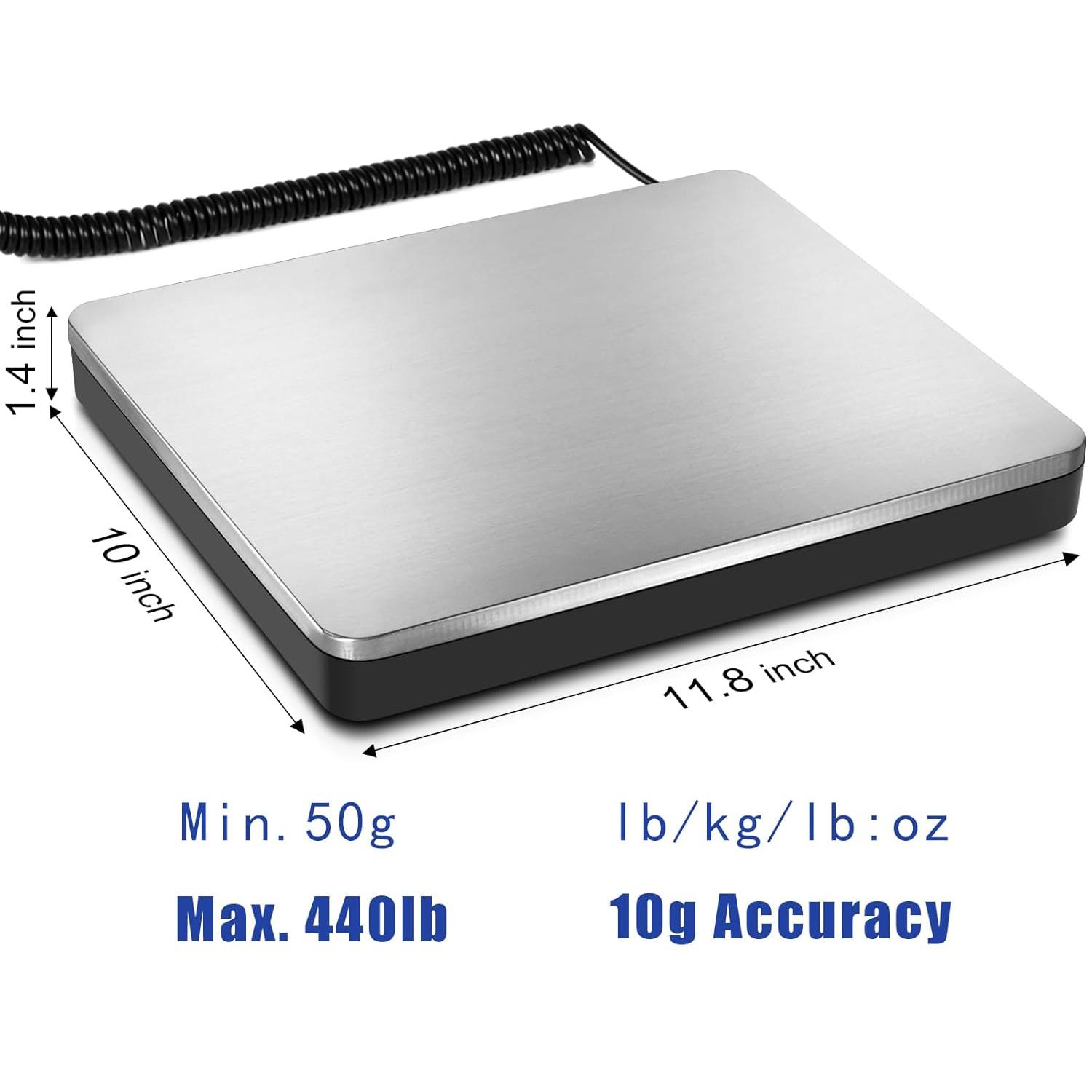 Digital Shipping Scale 200kg/440lb with 10g Accuracy, Stainless Steel Platform Postal Scale with Hold/Tare Function, Luggage Parcel Express Courier Pet Scale for Packages Small Business, Battery & AC/DC Adapter Powered