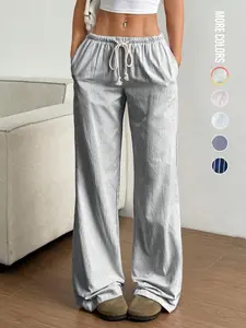2026 Valentine's Day Trendy Striped Low-Waist Drawstring Straight-Leg Pants, Fashionable Casual Daily Home Women's Long Trousers