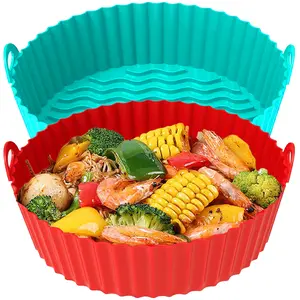 8 Inch Round Silicone Air Fryer Liners (2 Pack) Reusable Red & Cyan Non-Stick Liner Inserts, Heat Resistant, Dishwasher Safe for 3QT to 6QT Air Fryers, Compatible with Most Airfryer Brands