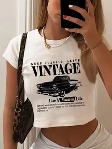 Women's Vintage Car Graphic Print Round Neck Knitted Fabric Crop Top Tee, Casual Slim-fitting Short Sleeve T-shirt, Ladies Womenswear Summer Clothes for Daily Wear