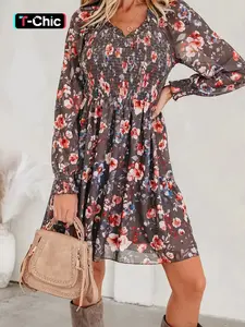 HOTAPEI Autumn Winter Home Commute Casual Wear Bohemian Womenswear Knit Polyester Floral Print Elastic Waist High Waist V Neck Slim Fit Long Sleeve Dress