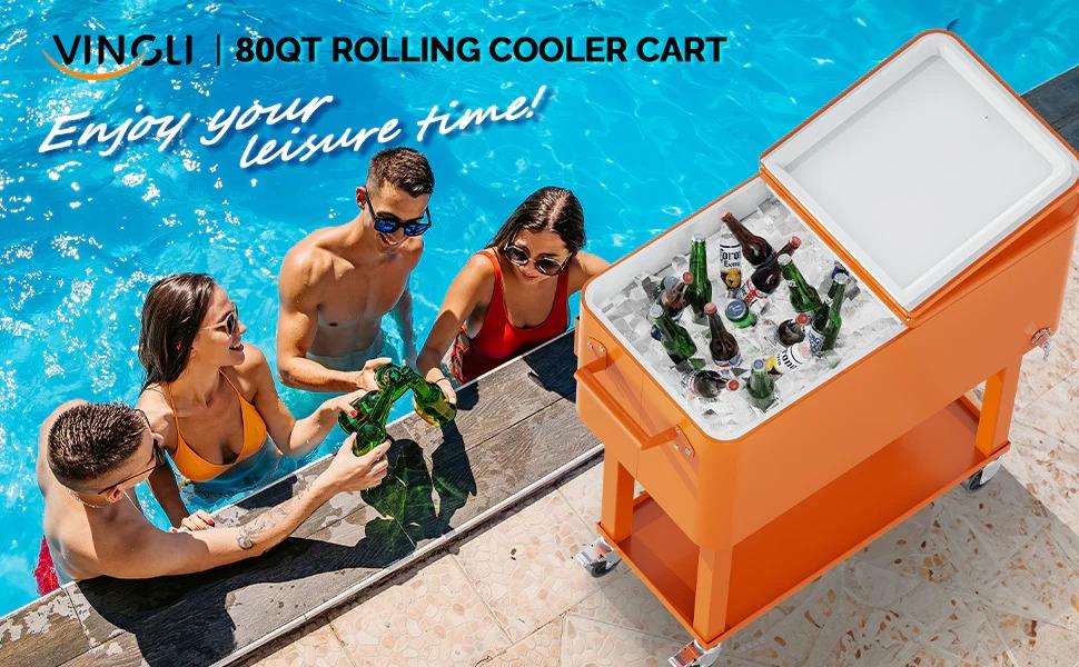 [TOP RATED - FLASH SALE] 80 Quart Portable Outdoor Patio Rolling Cooler Cart Orange