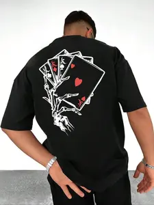 Skeleton Hand Playing Cards Graphic T-Shirt, Vintage Poker Lover Skull Print Oversized Crew Neck Tee, Unisex Short Sleeve Streetwear Cotton Top, Trendy Dark Aesthetic Shirt for Card Game Fans, Streetwear Lovers and Casual Outfit Enthusiasts
