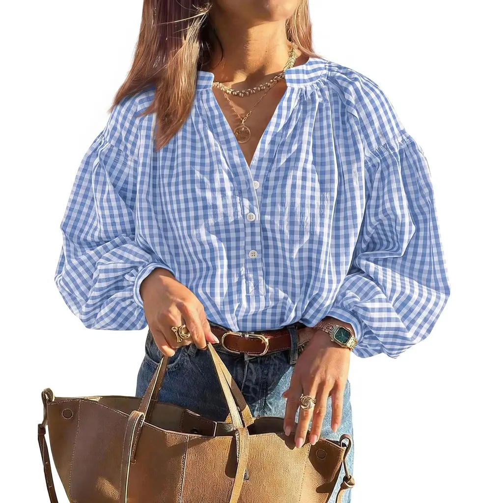 PrettyGarden Women's Fall Plaid Blouse, Gingham Button Down Oversized, Pleated Drop Shoulder Cotton Tops Puff Sleeve V Neck Button Down Cotton Shirt, Oversized Casual Top