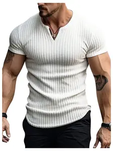 Men's Ribbed Knit Notched V Neck Tees Casual Short Sleeve T Shirt Summer Basic Tops