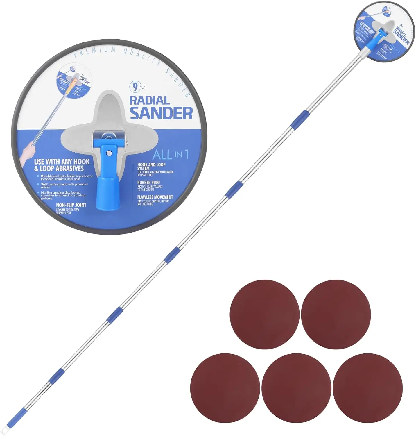 Drywall Pole Sander, 85 Inch Radial Round Pole Sander with Extension Pole, Manual Hand Drywall Sander for Walls and Ceilings, Includes 5 count Sanding Sheets (80, 100, 120, 180, 240 Grit)