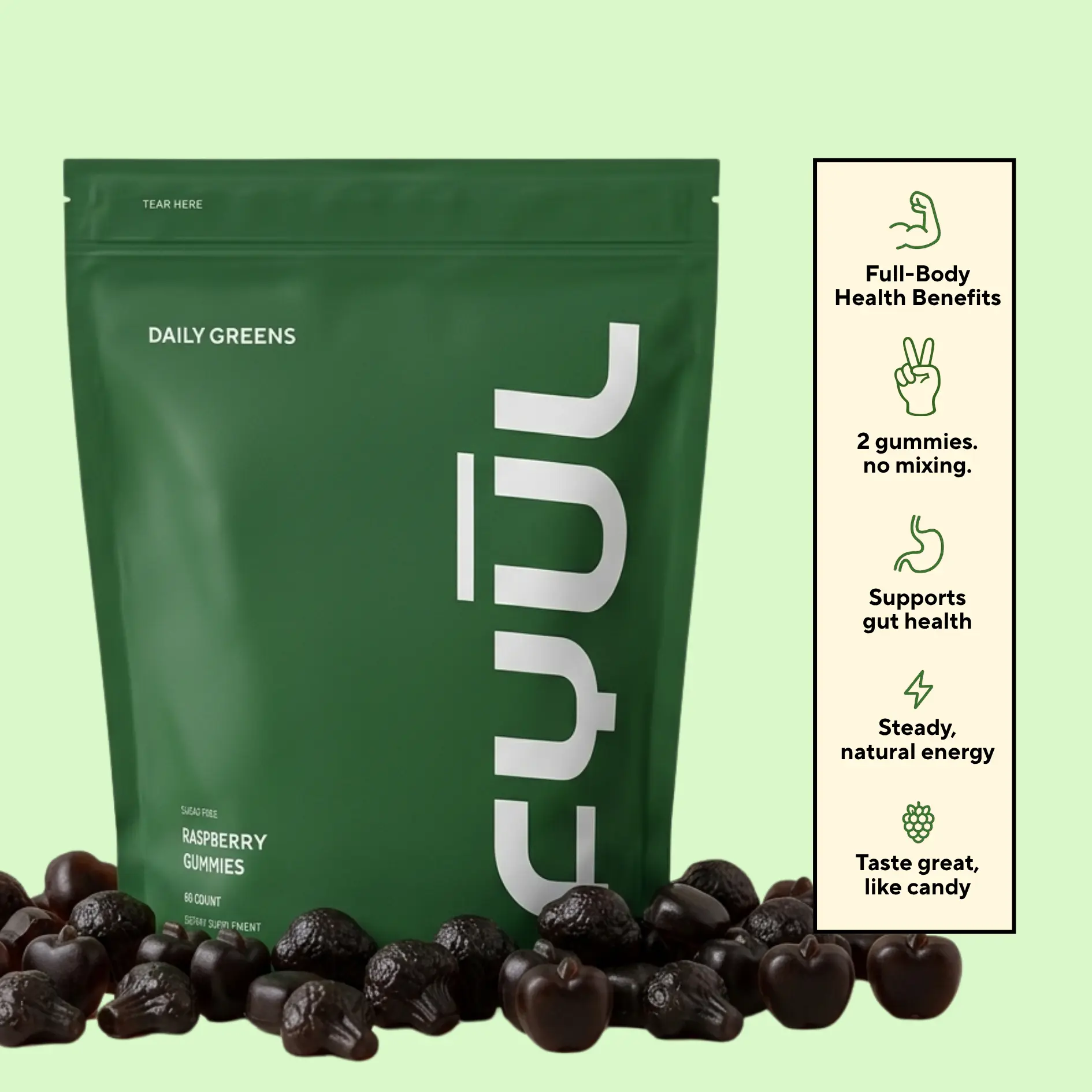 FYŪL Daily Greens Gummies, Sugar Free Super Greens Supplement for Gut Health, Bloating and Energy, 30+ Superfoods with Probiotics and Ashwagandha, Raspberry, 60 Count