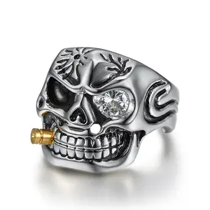 Luxury Gothic Punk Style Patterned Synthetic Zircon Skull Stainless Steel Men's Ring for Daily Parties and Holidays, Paired with Accessories Witchy Jewelry