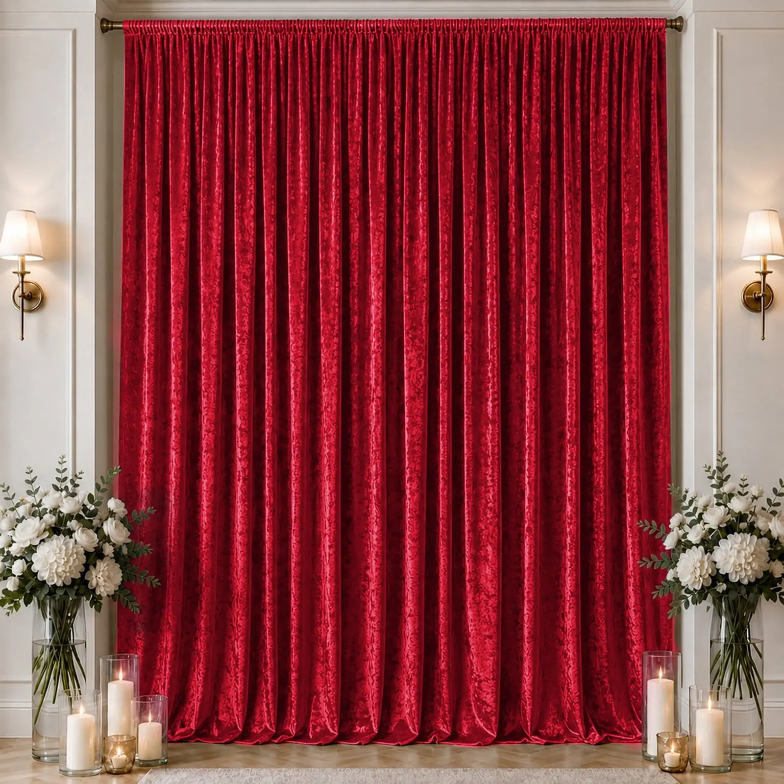 Red Premium Crushed Velvet Backdrop Curtain 10ft x 16ft – Ceiling Drape Panel & Stage Backdrop with Rod Pocket, 70% Blackout