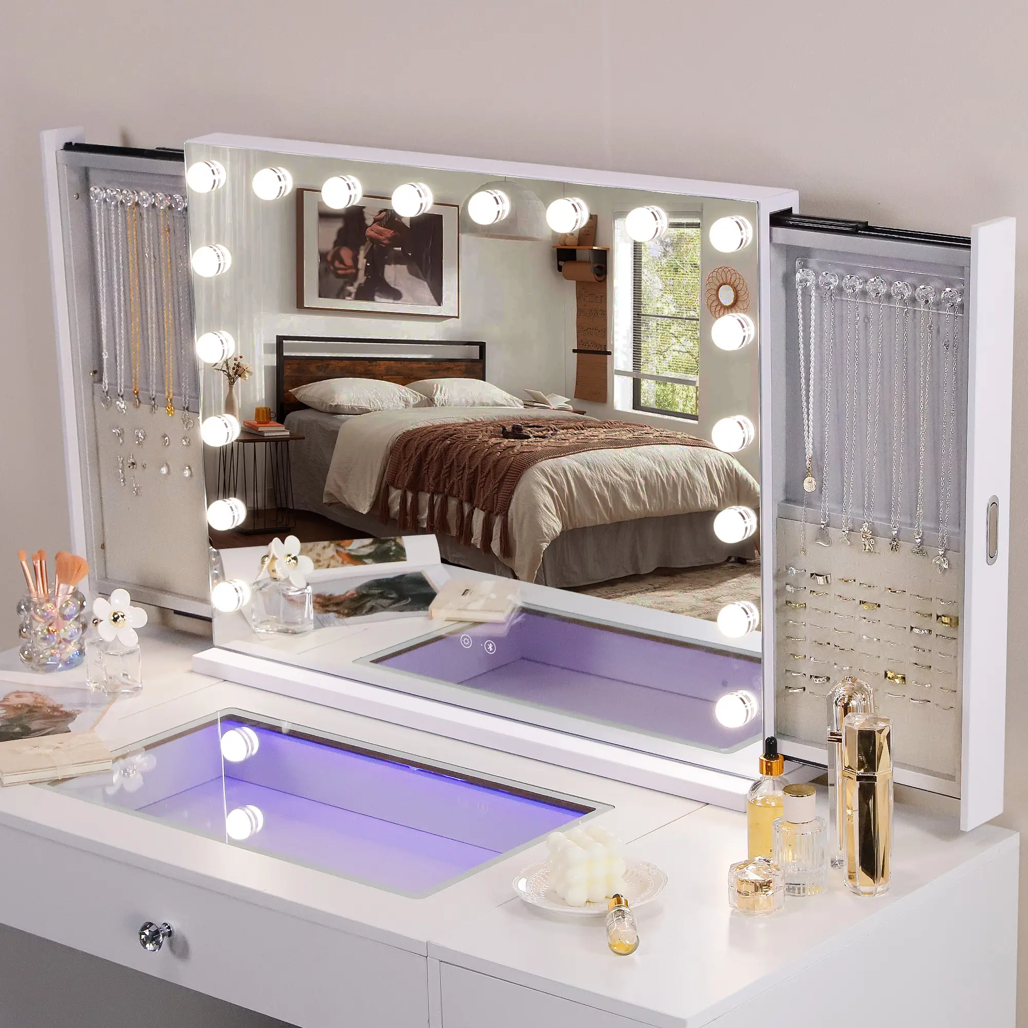 VANITII Vanity Mirror with Lights and Jewelry Organizer and Bluetooth 32" | Large Makeup Mirror with Bluetooth Speaker and Jewelry Organizer
