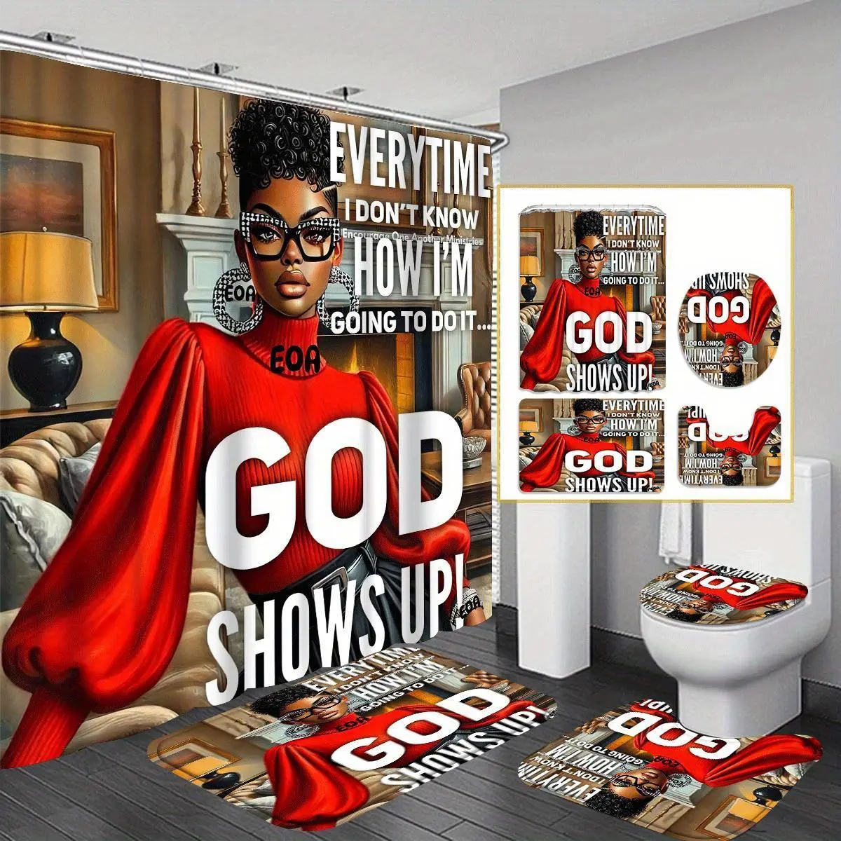 Bathroom Decorations, 4 Counts/set Including Shower Curtain & Toilet Mat & Bath Mat & Toilet Lid Cover, Bathroom Accessories for Home Decor, Bathroom Decor And Accessories, Shower Curtain Sets, Shower Curtain Liner, Restroom, Bathroom Shower Equipment