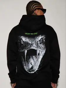 Don't Trust Anyone Slogan Be Careful Snake Culture Autumn Winter Hoodie, Streetwear Casual Trendy Fitted Woven Fabric Sweatshirt