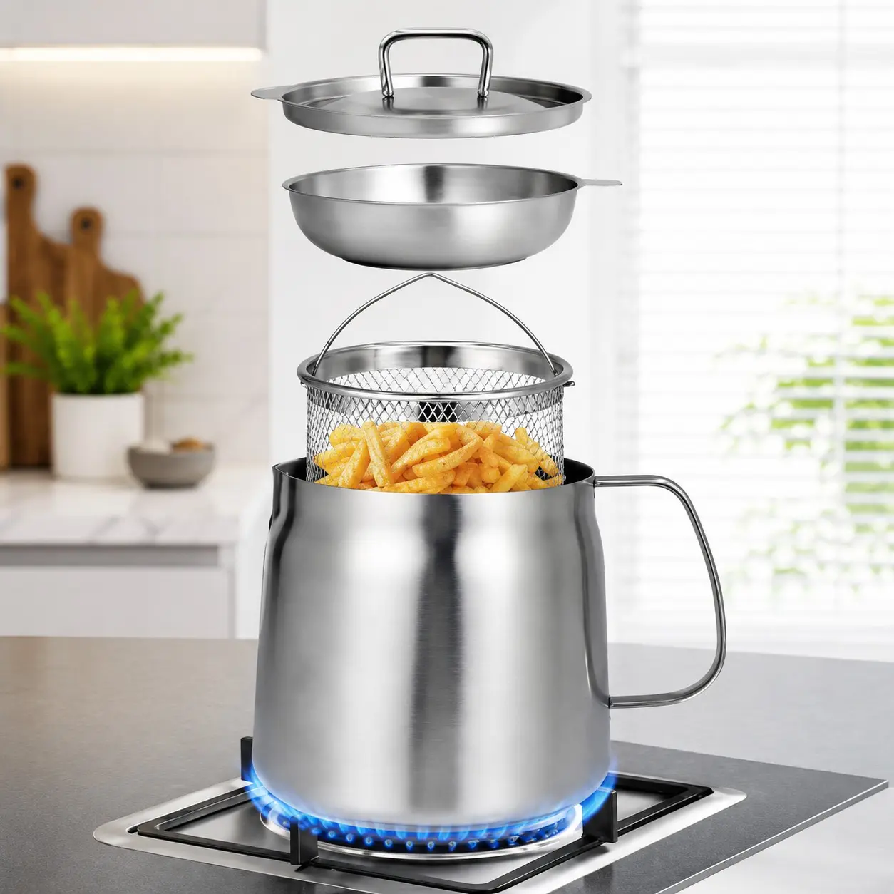 304 Stainless Steel Deep Fryer Pot with Basket & Strainer, 2 Liters Capacity Bacon Grease Container for Kitchen,Frying, Cooking, Camping,Oil Filter Container - Dishwasher Safe