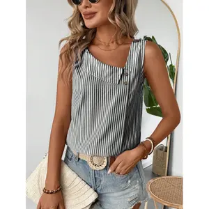 Women's Asymmetrical Neckline Button-Decorated Black and White Striped Linen Sleeveless Casual Vacation Shirt