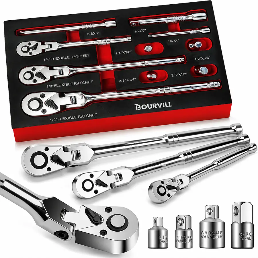 10-Piece Flex Head Ratchet Set Chrome Vanadium Steel 1/4 3/8 1/2" Drive with Extension Bars 72 Tooth 180° Adjustable Quick-Release Professional Swivel Head Ratchet Wrench Gift Set for Tight Spaces and Easy Reach BlackFriday Christmas Gift