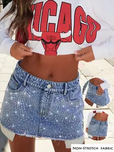 2026 Women's Fashionable Casual Low-Waisted Denim Skirt, Fitted Woven Fabric, Vintage Washed,Rhinestone Embellished, Essential Fashion Items For Summer,T-Chic