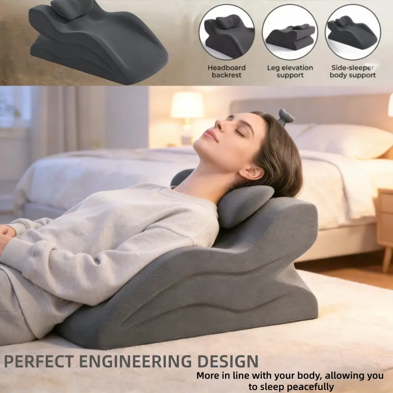 Multifunctional ergonomic body pillow—reading pillow; multifunctional memory foam lie-flat pillow with side straps and wavy cushioning grooves; suitable for reading, gaming, sleeping, watching TV, and relaxing in bed; removable head cushion.