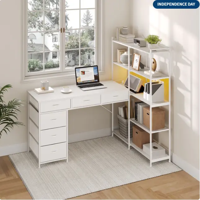 L-Shaped Computer Desk Organizer – 6 Drawers, 5-Tier Storage Shelves, LED Lights & Power Outlets, Modern 47.2'' Corner Shelf Rack, Sturdy Wooden Workstation for Home Office, Study, Gaming – White Small Embossed