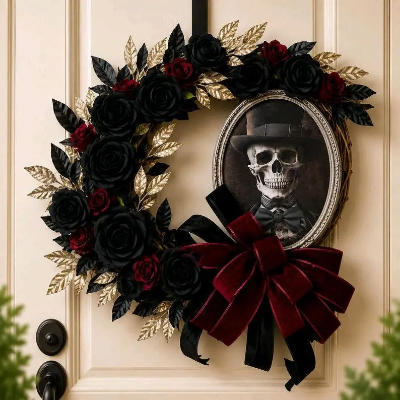 Gothic Skull Wreath, Black Red Roses, Victorian Halloween Door Decor
