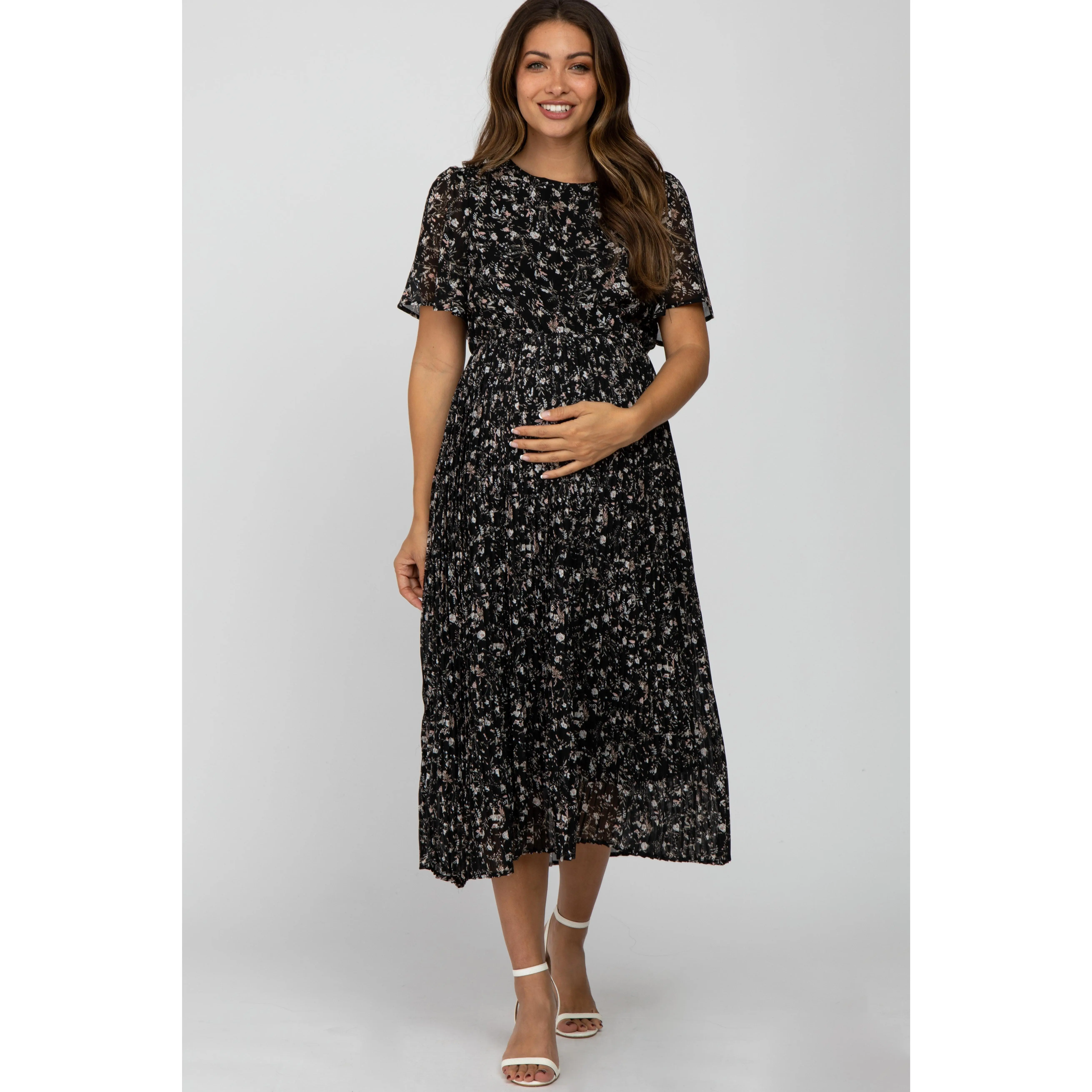 Black Floral Pleated Short Sleeve Chiffon Maternity Midi Dress, Maternity Apparel, Bump Friendly Outfits, Dress The Bump